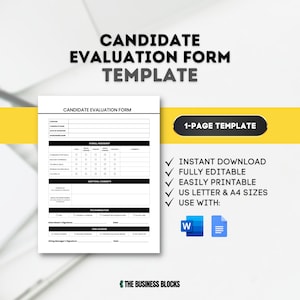 Puede incluir: Una plantilla de formulario de evaluación de candidatos en blanco y negro con casillas de verificación y campos de texto. El formulario está diseñado para evaluar a los candidatos a un puesto de trabajo e incluye secciones para la evaluación general, comentarios adicionales, recomendación y decisión final. La plantilla está disponible para descarga instantánea y es totalmente editable e imprimible en tamaños US Letter y A4. Usar con Microsoft Word o Google Docs.