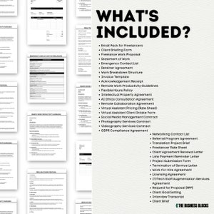 May include: A list of documents and agreements included in a business package. The documents are listed in a white text on a black background. The title "What's Included?" is in large white text on a black background. The text "The Business Blocks" is in white text on a black background.