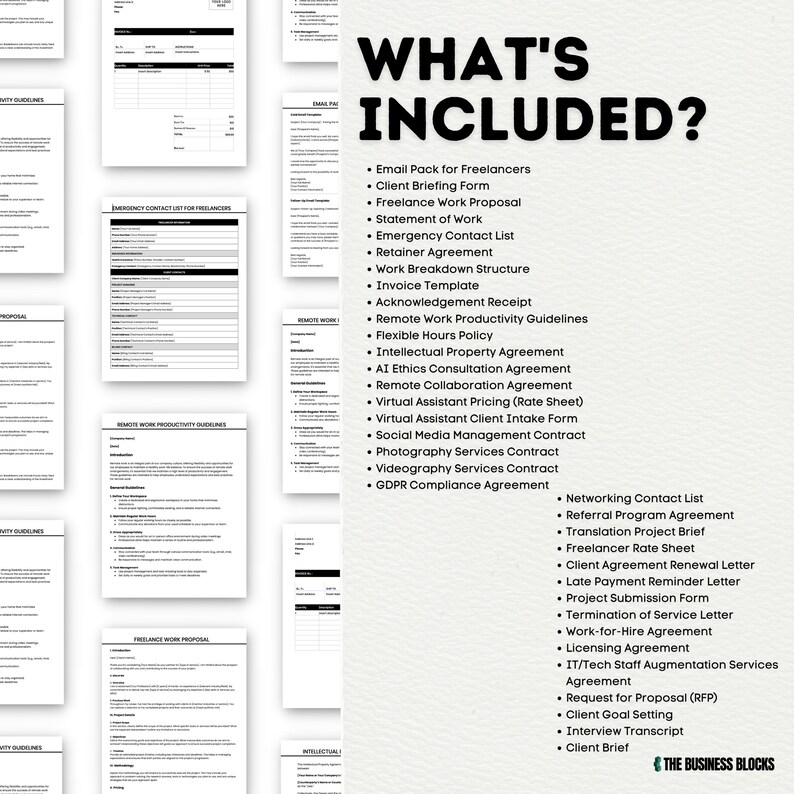 May include: A list of documents and agreements included in a business package. The documents are listed in a white text on a black background. The title "What's Included?" is in large white text on a black background. The text "The Business Blocks" is in white text on a black background.