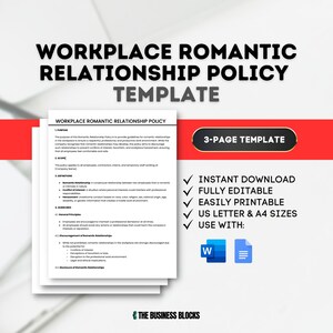 Può includere: Un modello di politica sulle relazioni romantiche sul posto di lavoro, con il testo "WORKPLACE ROMANTIC RELATIONSHIP POLICY TEMPLATE". Il modello è un documento di 3 pagine, con punti elenco che dicono "DOWNLOAD IMMEDIATO", "COMPLETAMENTE MODIFICABILE", "FACILE DA STAMPARE", "FORMATI US LETTER E A4" e "UTILIZZARE CON:" con i loghi di Microsoft Word e Google Docs.