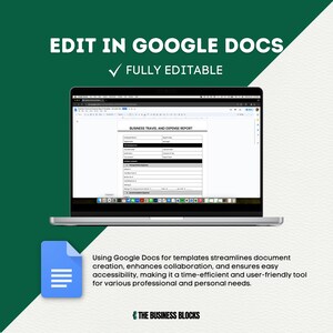 Może przedstawiać: Laptop wyświetlający dokument Google Docs z szablonem raportu podr&oacute;ży służbowej i wydatk&oacute;w. Nad laptopem widnieje tekst "EDIT IN GOOGLE DOCS" i "FULLY EDITABLE". Tekst pod laptopem brzmi: "Korzystanie z Google Docs do szablon&oacute;w usprawnia tworzenie dokument&oacute;w, wzmacnia wsp&oacute;łpracę i zapewnia łatwy dostęp, co czyni go wydajnym i przyjaznym dla użytkownika narzędziem do r&oacute;żnych potrzeb zawodowych i osobistych." Pod tekstem widnieje tekst "THE BUSINESS BLOCKS".