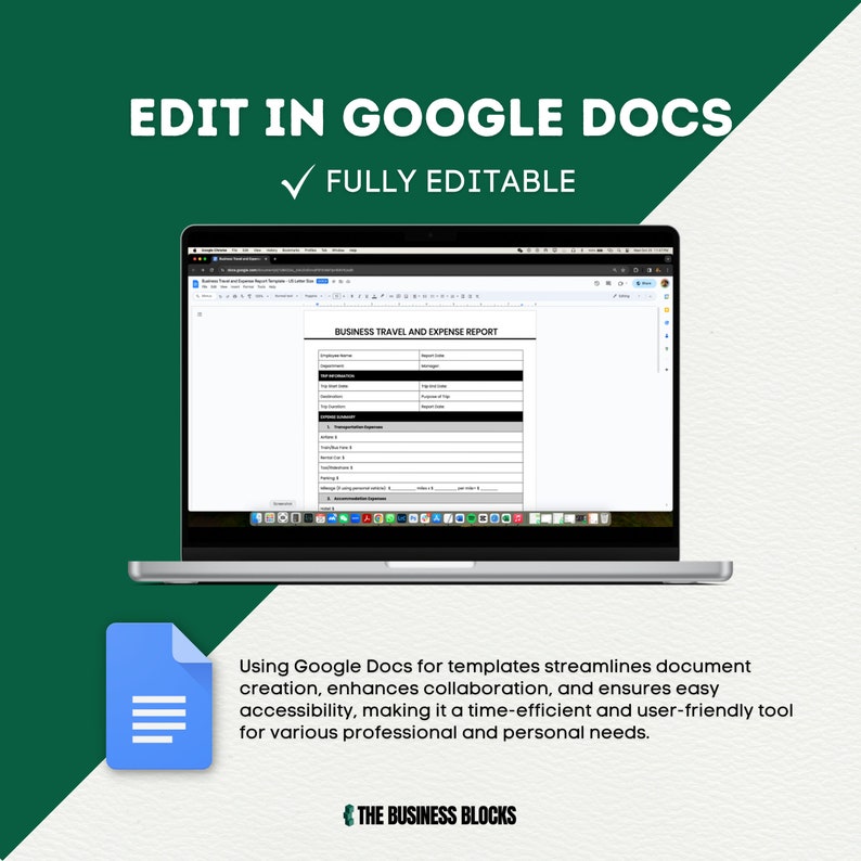 Może przedstawiać: Laptop wyświetlający dokument Google Docs z szablonem raportu podr&oacute;ży służbowej i wydatk&oacute;w. Nad laptopem widnieje tekst "EDIT IN GOOGLE DOCS" i "FULLY EDITABLE". Tekst pod laptopem brzmi: "Korzystanie z Google Docs do szablon&oacute;w usprawnia tworzenie dokument&oacute;w, wzmacnia wsp&oacute;łpracę i zapewnia łatwy dostęp, co czyni go wydajnym i przyjaznym dla użytkownika narzędziem do r&oacute;żnych potrzeb zawodowych i osobistych." Pod tekstem widnieje tekst "THE BUSINESS BLOCKS".