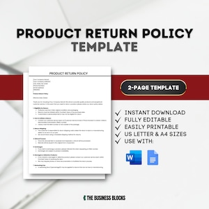 May include: A product return policy template with a red and white colour scheme. The template is for a two-page document and is fully editable. The text on the template reads "Product Return Policy Template" and "2-Page Template".