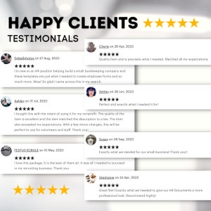 May include: A collage of customer testimonials with five-star ratings for a digital product. The testimonials highlight the quality, usefulness, and value of the product. The text includes the names of the customers, their dates of purchase, and their positive feedback.