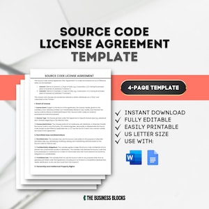 May include: A 4-page source code licence agreement template in a white document with a blue and white tick icon. The document is titled "Source Code Licence Agreement Template" and has the text "4-Page Template" in a blue box. The document is also titled "Source Code Licence Agreement" and has the text "Instant Download, Fully Editable, Easily Printable, US Letter Size, Use With: Word, Google Docs" in a white box with blue ticks.
