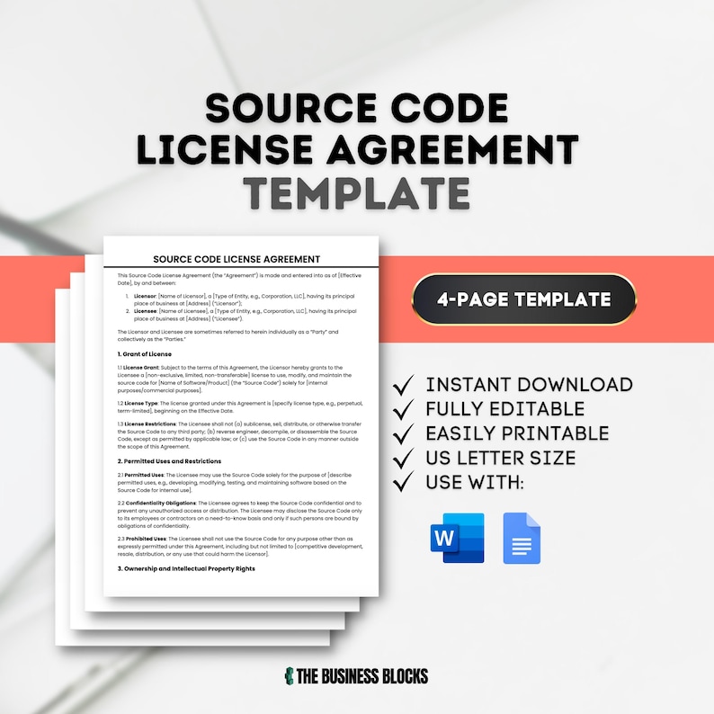 May include: A 4-page source code license agreement template in a white document with a blue and white checkmark icon. The document is titled "Source Code License Agreement Template" and has the text "4-Page Template" in a blue box. The document is also titled "Source Code License Agreement" and has the text "Instant Download, Fully Editable, Easily Printable, US Letter Size, Use With: Word, Google Docs" in a white box with blue checkmarks.