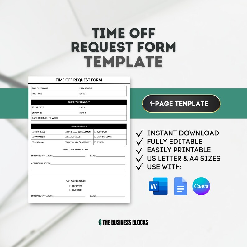 Employee Time off Request Form: Editable Template (canva, Google Docs ...