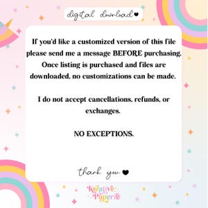 Puede incluir: Gr&aacute;fico de descarga digital con un tema de arco&iacute;ris pastel y unicornio. El texto de la imagen dice: "Si desea una versi&oacute;n personalizada de este archivo, env&iacute;eme un mensaje ANTES de comprarlo". Tambi&eacute;n indica que no se aceptan reembolsos ni cambios.