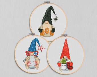 3 patterns, Cross stitch, Halloween cross stitch, Gnome cross stitch, Christmas gnome, Modern cross stitch, Counted cross stitch