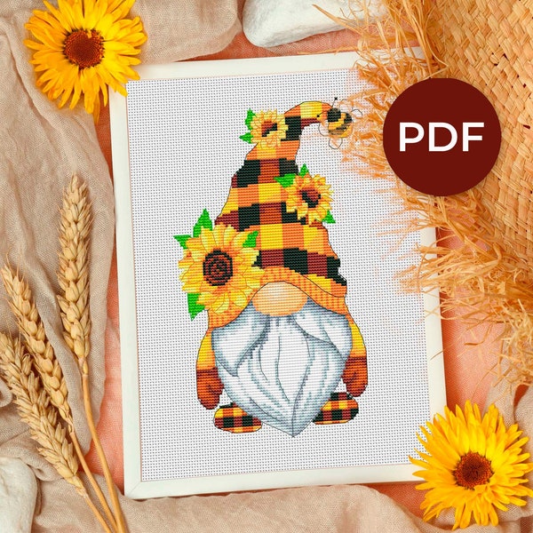 Sunflowers gnome, Cross stitch, Floral cross stitch, Gnomes cross stitch, Modern cross stitch, Flowers cross stitch