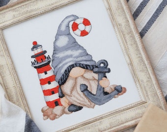 Gnome with lighthouse, Cross stitch pattern, Sea cross stitch, Counted cross stitch, Lighthouse cross stitch, Cross stitch PDF