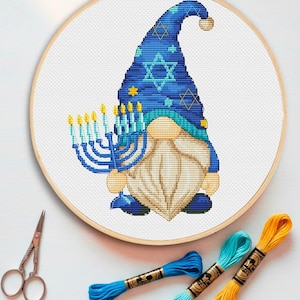 Hanukkah Menorah Gnome Cross Stitch Pattern: Modern Holiday Design (PDF)