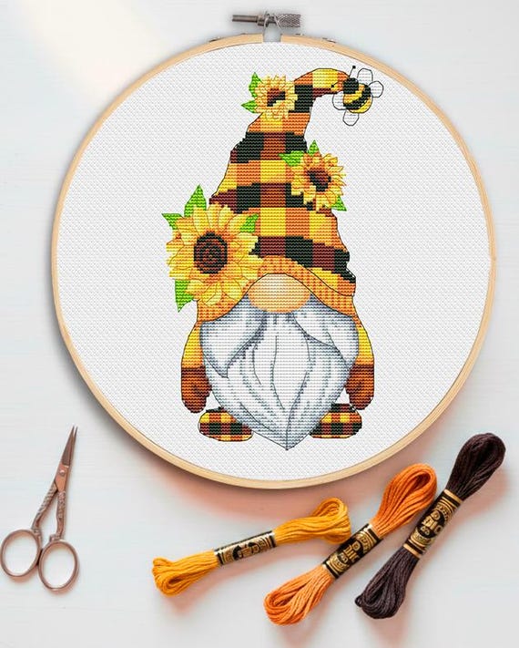 Sunflowers Gnome Floral Modern Flowers Cross Stitch Pattern