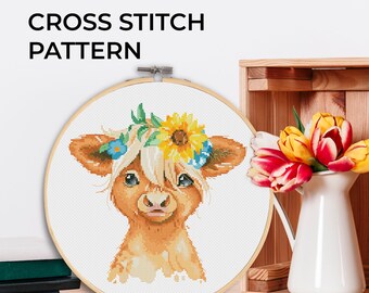 Cross stitch pattern, Highland cow, Cow cross stitch, Floral cross stitch