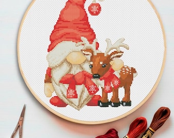 Cross stitch pattern - Christmas gnome with a reindeer