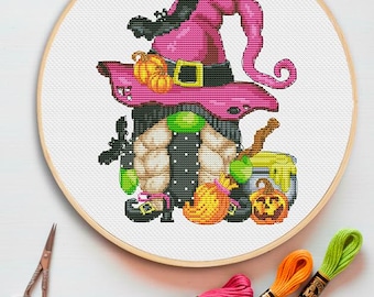 Schema punto croce gnomo stregone: decorazioni di Halloween (download PDF)