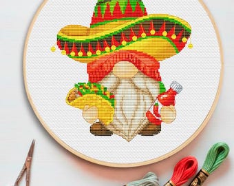 Patrón de punto de cruz de gnomo mexicano: Diseño moderno de México (patrón PDF)