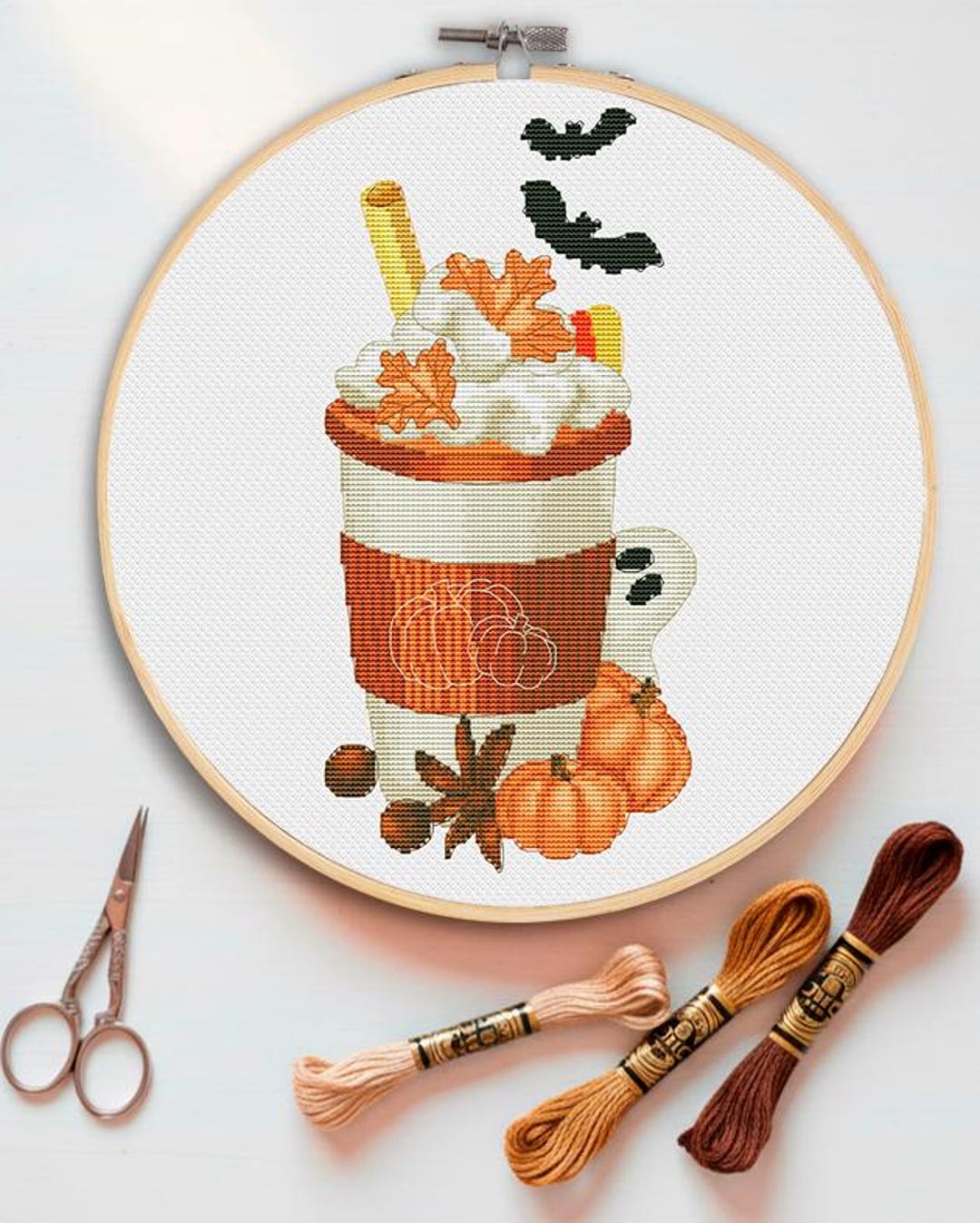 Halloween Coffee Cross Stitch Pattern: Ghost, Pumpkin, Bat (PDF Pattern ...