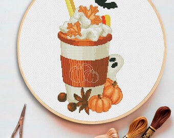 Halloween Coffee Cross Stitch Pattern: Ghost, Pumpkin, Bat (PDF Pattern)