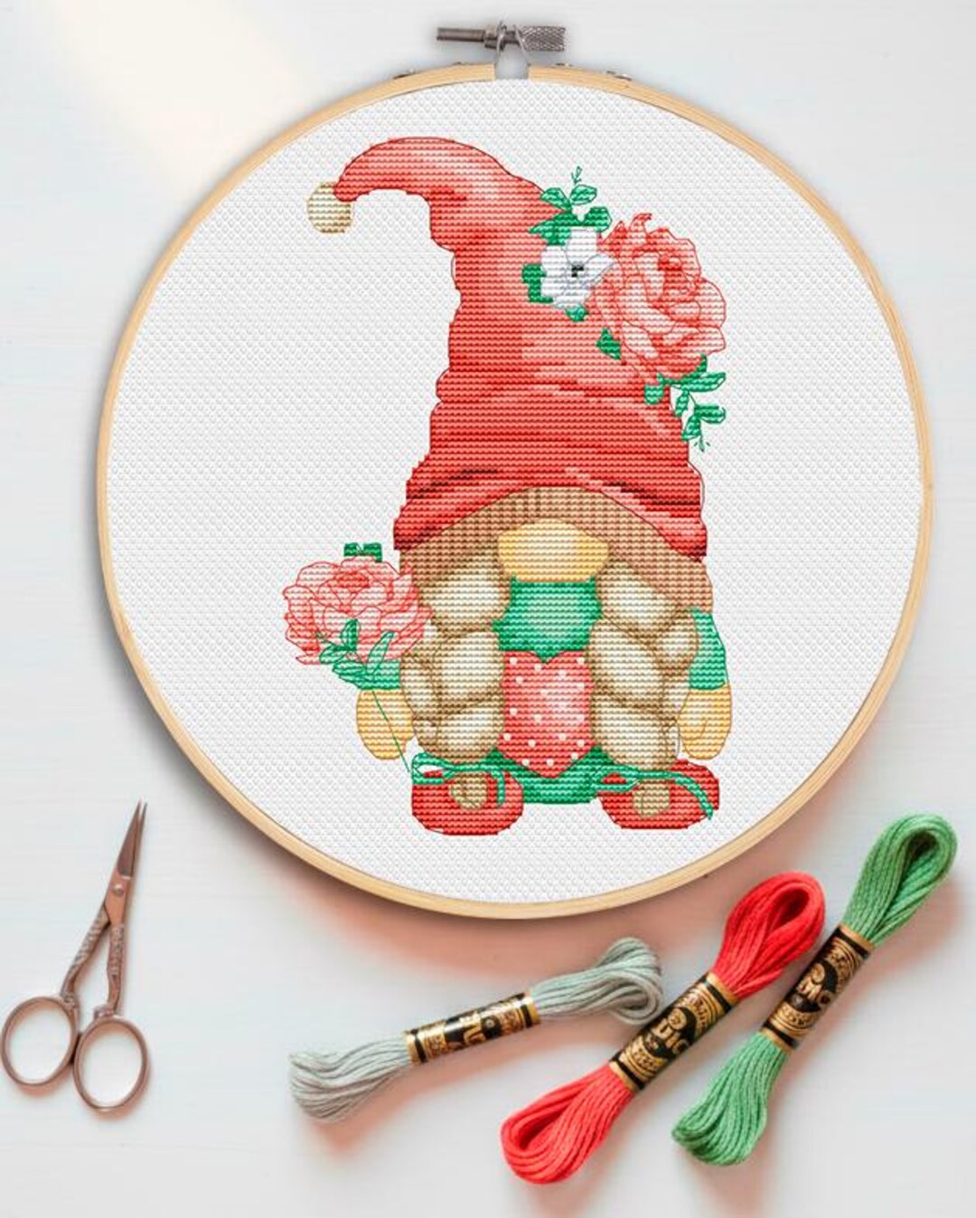floral-gnome-cross-stitch-pattern-female-with-rose-pdf-pattern-etsy