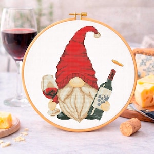 Wine Gnome Cross Stitch Pattern PDF, Funny Kitchen Embroidery Chart