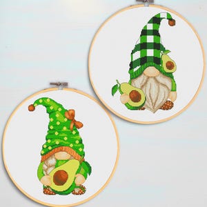 Set of 2 Avocado Gnomes Cross Stitch Pattern: Fruit Kitchen Decor (PDF Pattern)