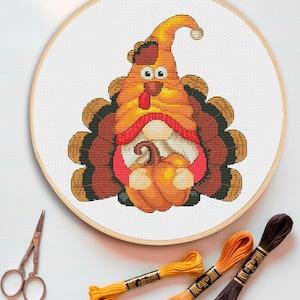 Turkey Gnome Cross Stitch Pattern: Thanksgiving Autumn Design (PDF Pattern)