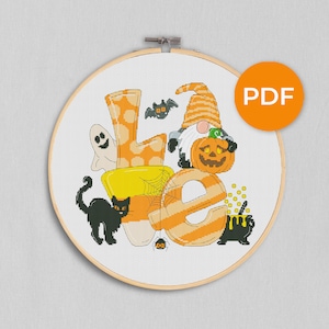 Halloween LOVE, Halloween cross stitch, Gnomes cross stitch, Modern cross stitch, Cross stitch pattern