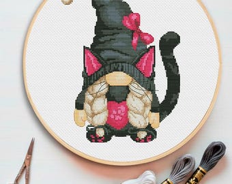 Black Cat Gnome Cross Stitch Pattern: Halloween DIY (PDF Pattern)