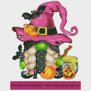Witch, Halloween cross stitch, Gnomes cross stitch, Modern cross stitch, Cross stitch pattern, Halloween decor