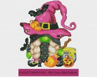 Witch, Halloween cross stitch, Gnomes cross stitch, Modern cross stitch, Cross stitch pattern, Halloween decor