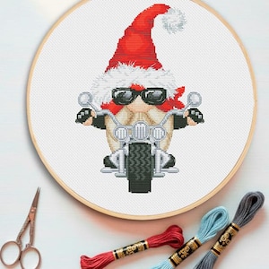 Santa Biker Cross Stitch Pattern: Funny Christmas Embroidery (PDF Download)