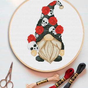 Gothic Gnome Cross Stitch Pattern PDF – Skull and Roses Embroidery Instant Download