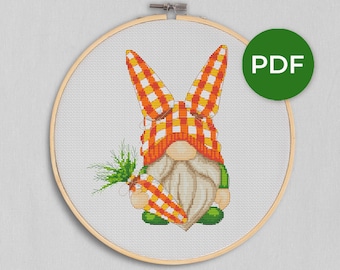 Easter gnome, Cross stitch, Easter cross stitch, Gnomes cross stitch, Modern cross stitch, Cross stitch pattern, Bunny cross stitch