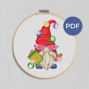 Bingo gnome, Cross stitch, Gnome cross stitch, Cross stitch PDF, Cross stitch chart, Bingo cross stitch, Funny cross stitch