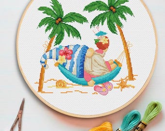 A gnome in a hammock, Cross stitch, Gnomes cross stitch, Summer cross stitch