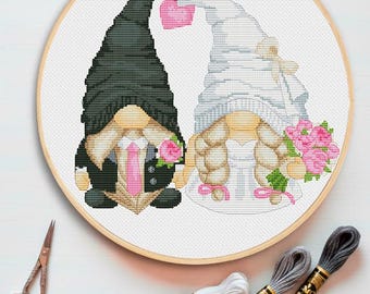 Gnome Wedding Cross Stitch Pattern PDF, Modern Counted Xstitch Chart, Whimsical Couple Anniversary Needlepoint