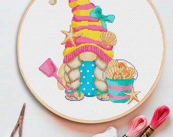 Beach Gnome Cross Stitch Pattern: Modern Summer Design (Digital Download)