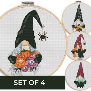 4 Cross stitch patterns, Halloween gnomes