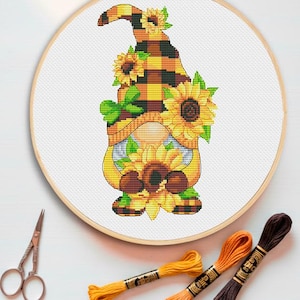 Słoneczniki żeńskie, Wzór do haftu krzyżykowego, Kwiatowy krasnal