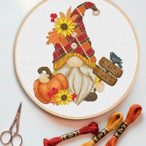 Autumn Gnome Cross Stitch Pattern: Pumpkins & Sunflowers (Digital Download)
