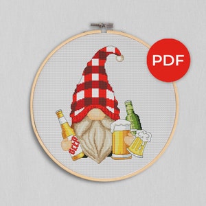 Beer gnome, Cross stitch PDF, Beer cross stitch, Gnomes cross stitch, Modern cross stitch, Cross stitch pattern