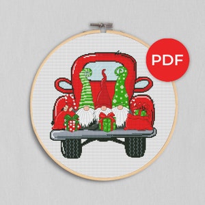 Christmas truck, Cross stitch, Christmas cross stitch, Gnomes cross stitch, Modern cross stitch, Christmas ornament, Christmas decor