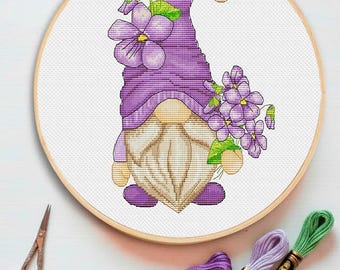 Violet Gnome Cross Stitch Pattern: Floral Embroidery Chart (PDF Download)