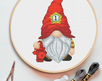Firefighter Gnome Cross Stitch Pattern: Modern Funny Design (PDF Pattern)