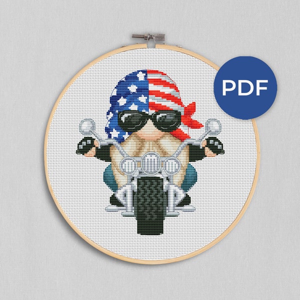 Motorcyclist, Cross stitch pattern, Biker cross stitch, Cross stitch, Counted cross stitch, Gnomes cross stitch, Patriotic cross stitch