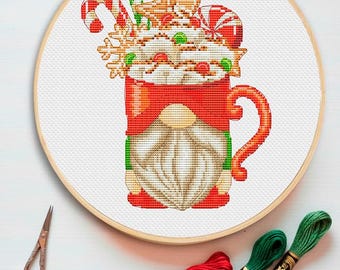 Christmas Gnome Cup Cross Stitch Pattern: Holiday Ornament (PDF Pattern)