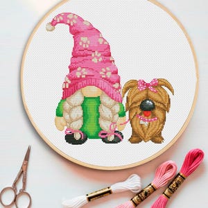 Dog and Gnome Cross Stitch Pattern: Modern Pets Design (PDF Pattern)