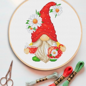 Kitchen cross stitch Tea gnome