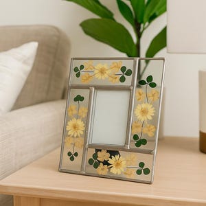 Stained Glass Photo Frame: Pressed Daisies & Clovers, Wildflower Bouquet
